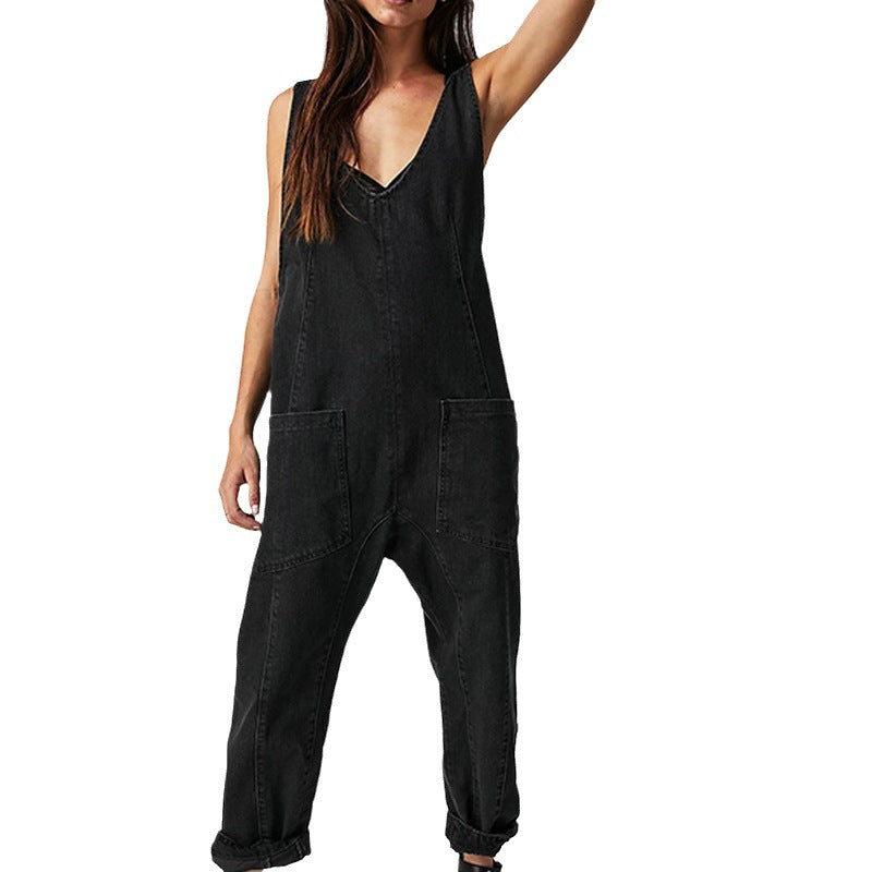 Dam Jumpsuit Justerbar Fickdesign Denim Avslappnad-3