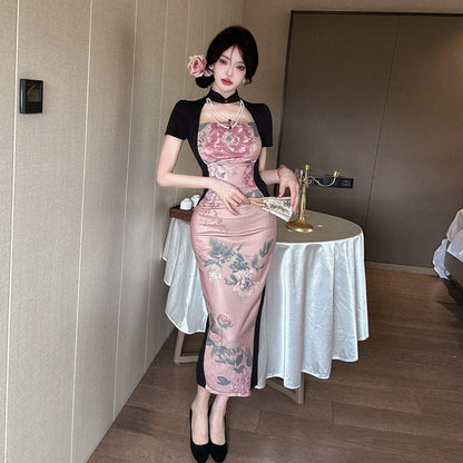 Variant image for Damklänning Cheongsam Bodycon Polyester med Ståkrage och Blommönster-1
