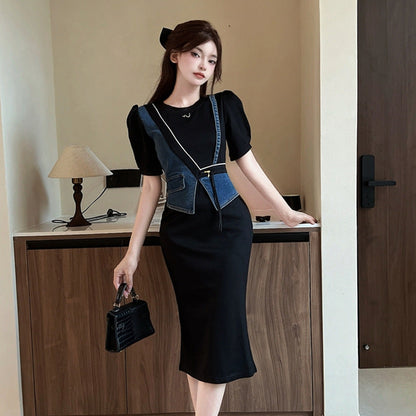 Dam Klänning Tvådelad Denim Färgblockering Regular Fit-3