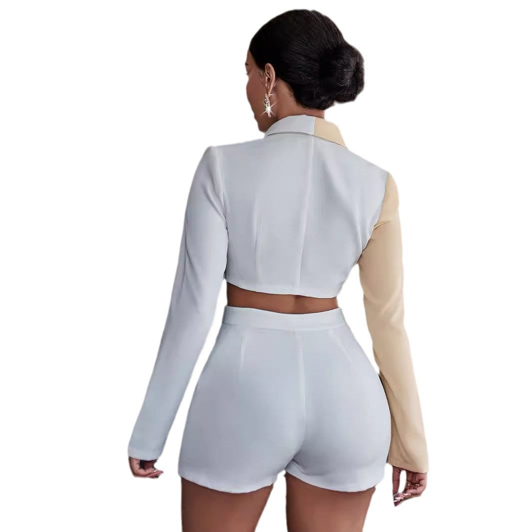 Kvinna Blazer Set Kontrastfärgad Krage Polyester-6
