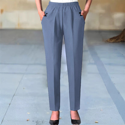 Kvinnors Chino-byxor med Elastiskt Midjeband, Rakt Snitt, Andningsbart Tyg och Praktiska Väskor 4