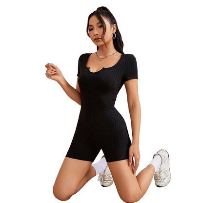 Kvinnor Jumpsuit Kortärmad V-ringning Ribbad Elastisk 7