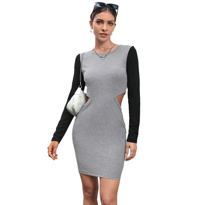 Eleganta Damklänning med Utskurna Detaljer och Långa Ärmar i Elastiskt Tyg - Figurbetonad Passform, Grått och Svart 6
