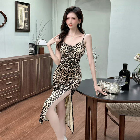Damklänning Midi Leopardmönster Spaghetti Band Polyester-1