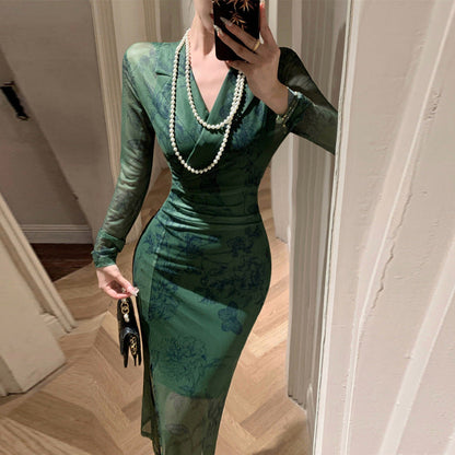 Damklänning Långärmad Delad Design Högkvalitativt Tyg-4