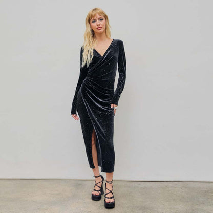 Kvinna Midi Klänning A-Linje V-Hals Långa Ärmar Högkvalitativt Tyg-2