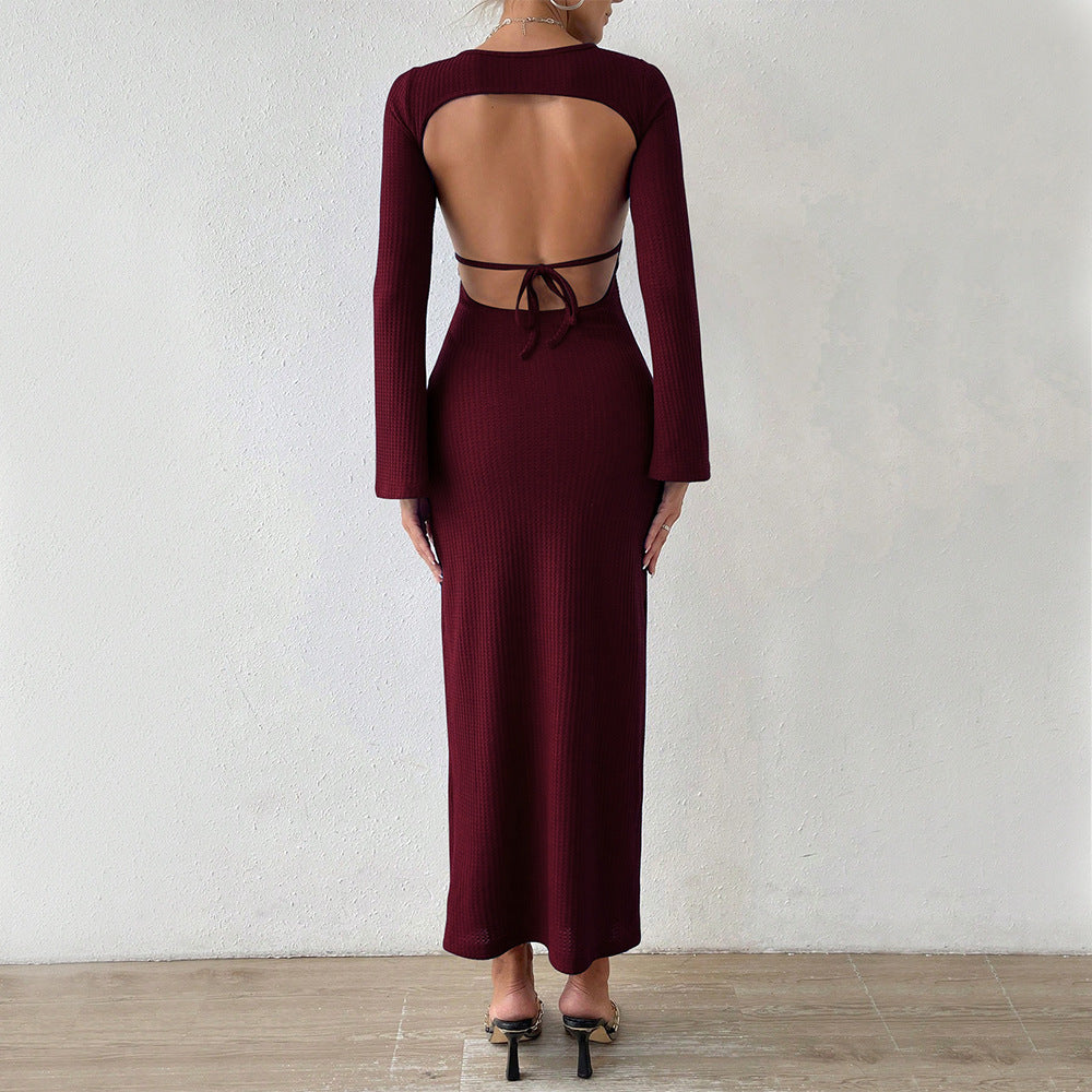 Kvinnors Långärmad Klänning Bakre Halsringning Högkvalitativt Tyg-3