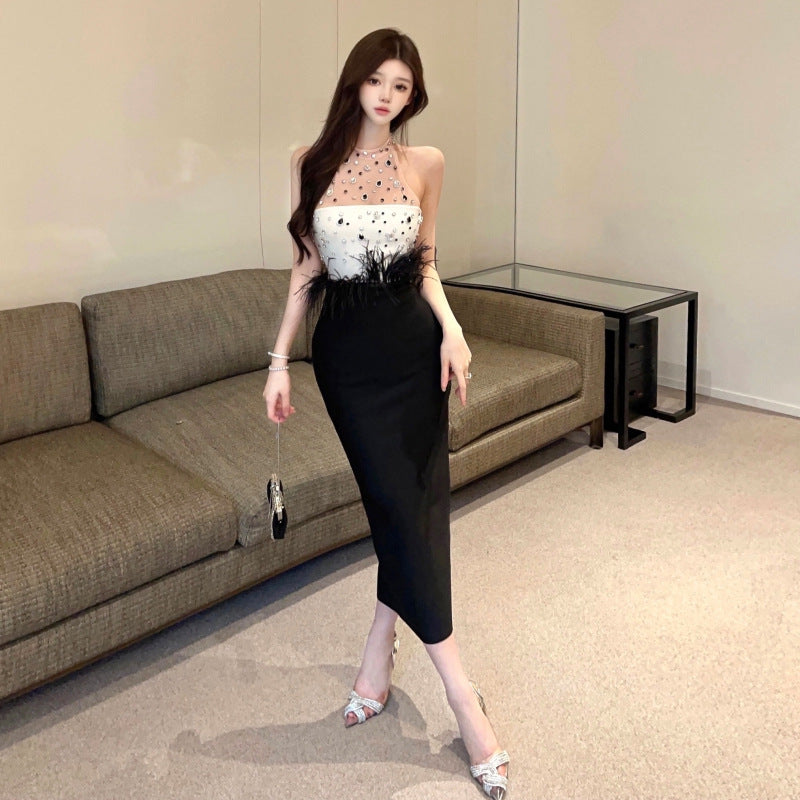 Dam Aftonklänning Lång Off-Shoulder Med Pärlor och Fjädrar-3