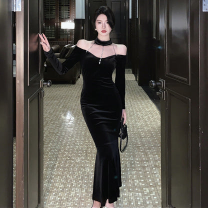 Kvinnors Stropplös Klänning Sjöjungfrustil Sammet-2