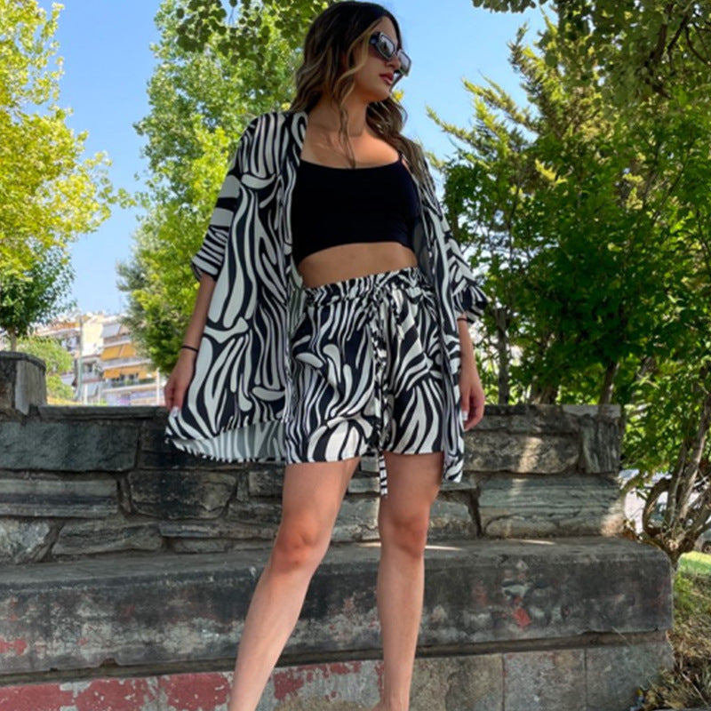 Dam Kimono Set med Tryckt Spets Tre Fjärdedelars Ärmar Polyester-3