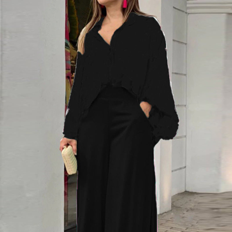 Fritidsuppsättning för Dam med Tryckt Skjorta och Breda Byxor i 100% Bomull – Avslappnad Passform, Modern Design 18