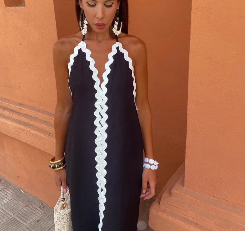 Maxiklänning Dam Flödande Snitt med Blöjhalring och Kontrastkant Lätt Tyg 9