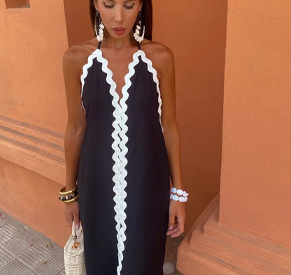 Maxiklänning Dam Flödande Snitt med Blöjhalring och Kontrastkant Lätt Tyg 9