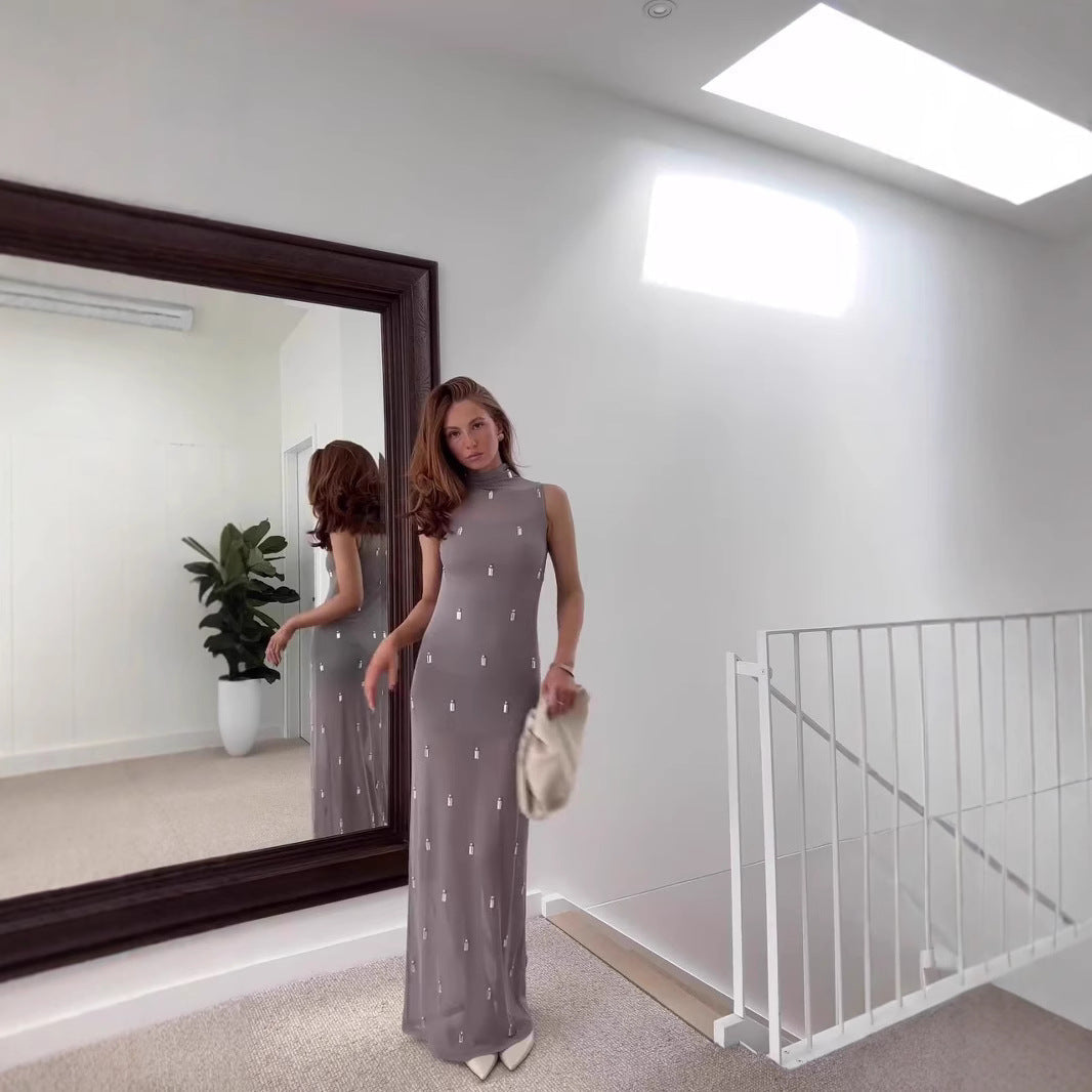 Fina Dam Klänningar Halvkrage Monokrom Mjuk Utan Ärmar-3