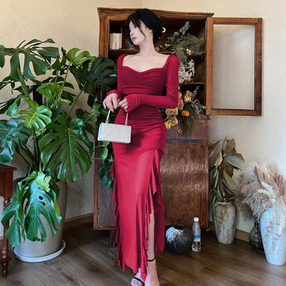 Dam Klänning Långärmad Fyrkantig Utskärning Polyester-2