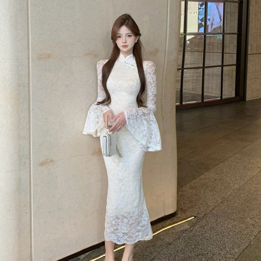 Kvinna Qipao Klänning Lång Ärmar Polyester Spandex-1