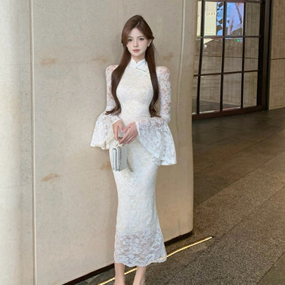 Variant image for Kvinna Qipao Klänning Lång Ärmar Polyester Spandex-1