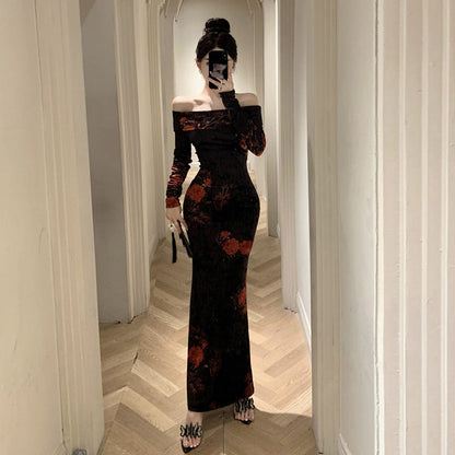 Maxiklänning Dam Axelfri Blommig Design Långärmad Polyester-3