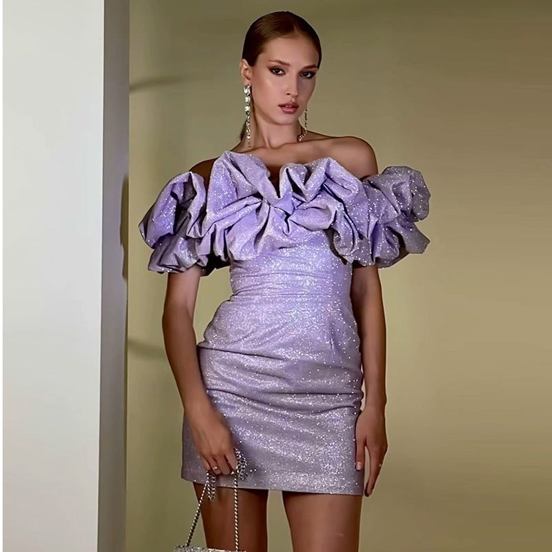 Kvinnors Glittrig Miniklänning Off-Shoulder med Ruffles Elastiskt Tyg 3