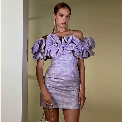 Kvinnors Glittrig Miniklänning Off-Shoulder med Ruffles Elastiskt Tyg 3