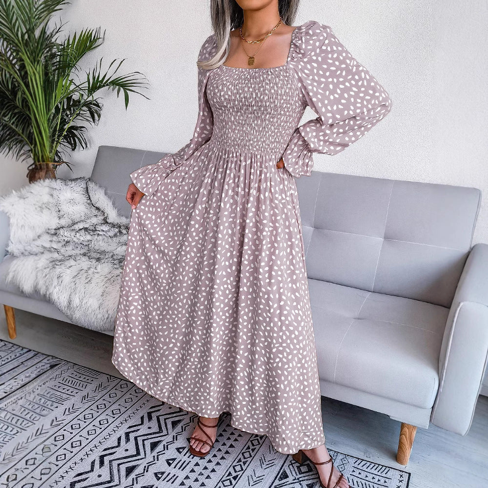 Kvinnors Lång Klänning Fyrkantig Halsringning Blommönster Bomullsblandning-4