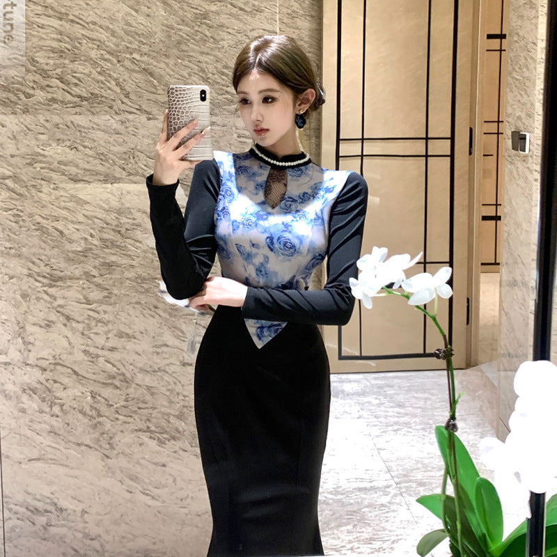 Kvinna Fishtail Klänning Spets Höghalsad Långärmad-3