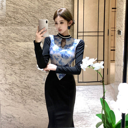 Kvinna Fishtail Klänning Spets Höghalsad Långärmad-3