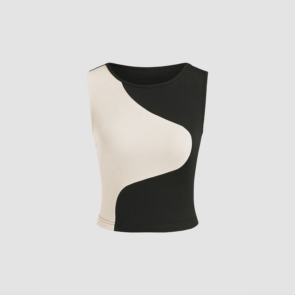 Dam Kort Topp Färgblock Ribbad Tyg-3