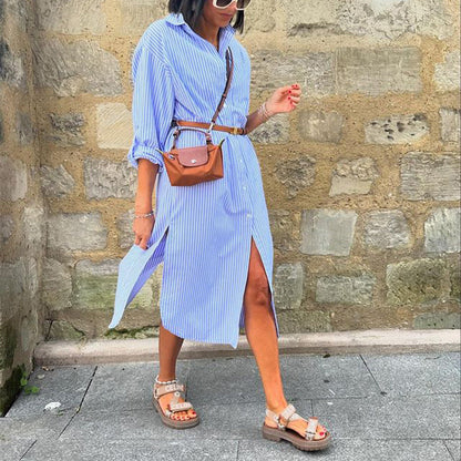 Kvinnors Midi Klänning Randig A-linje Polyester-5