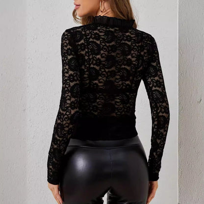 Långärmad T-Shirt Dam Med Spetsdetaljer Geometriskt Mönster V-Hals-3
