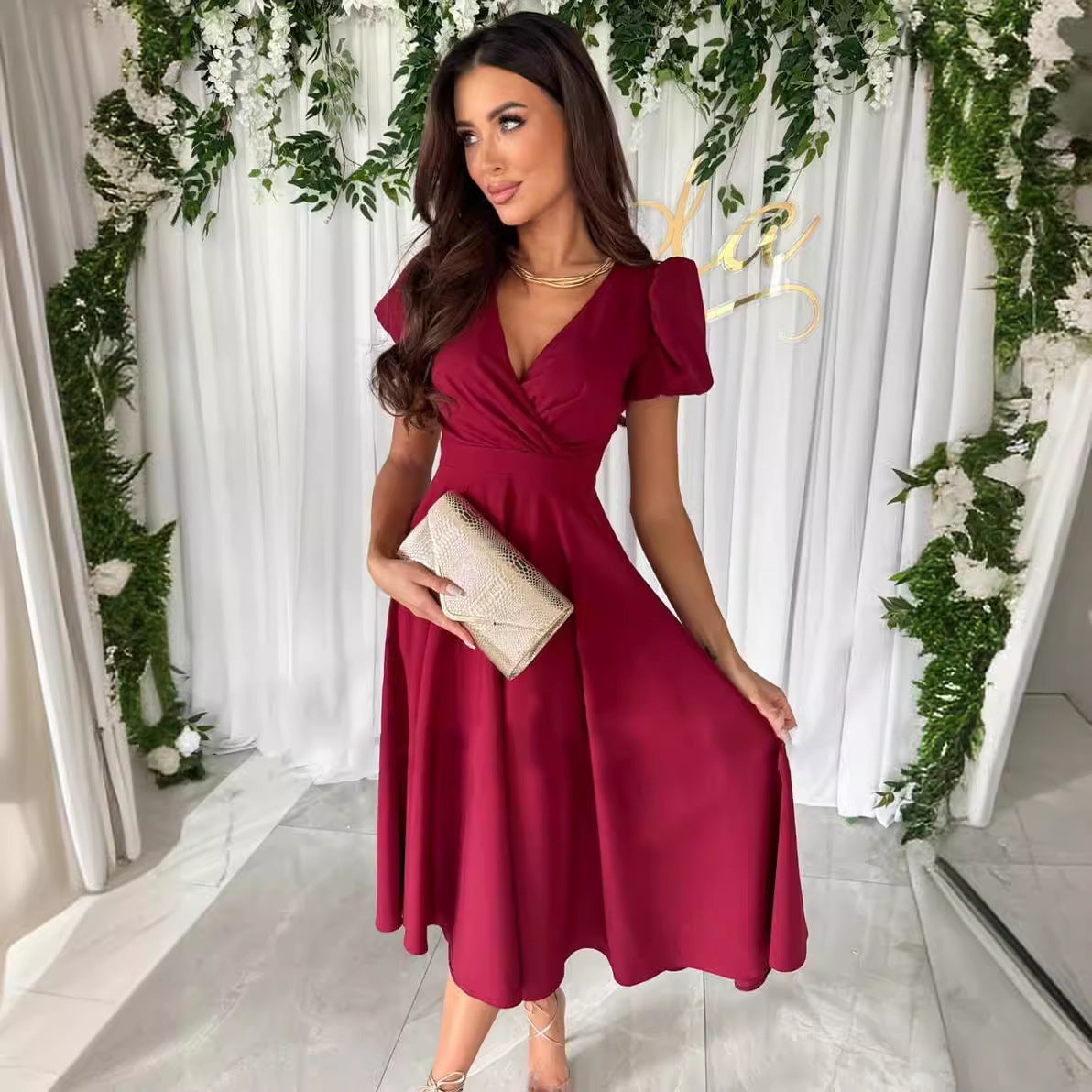 Kvinnor MIDI Klänning V-ringning Puffärmar Polyester-3