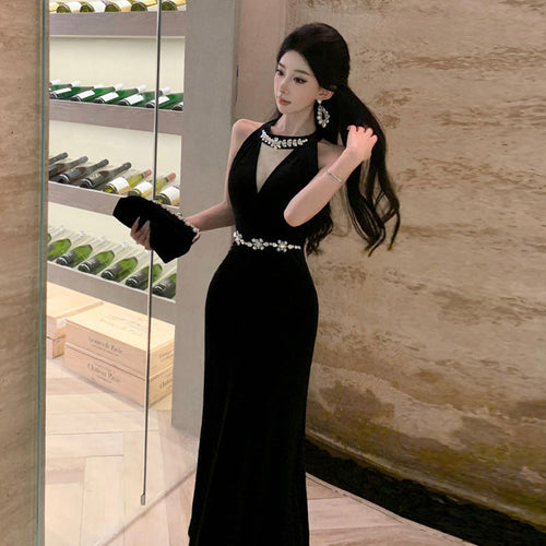 Dam Långklänning V-ringad Splicing Design i Högkvalitativ Polyester för Fest och Bröllop-1