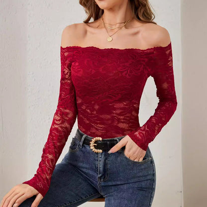 Dam Off-Shoulder Topp Spets Slim Fit Festtoppar-2