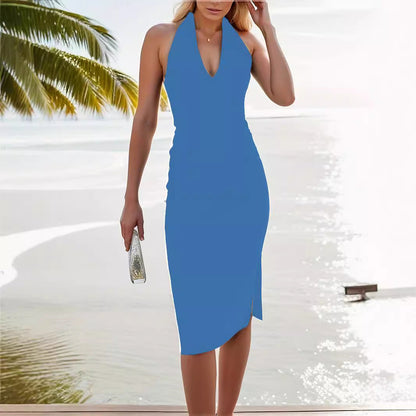 Kvinnors Ärmlös Klänning V-Ringning Medelmidja Polyester-5