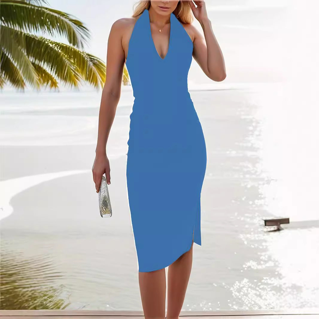 Kvinnors Ärmlös Klänning V-Ringning Medelmidja Polyester-5