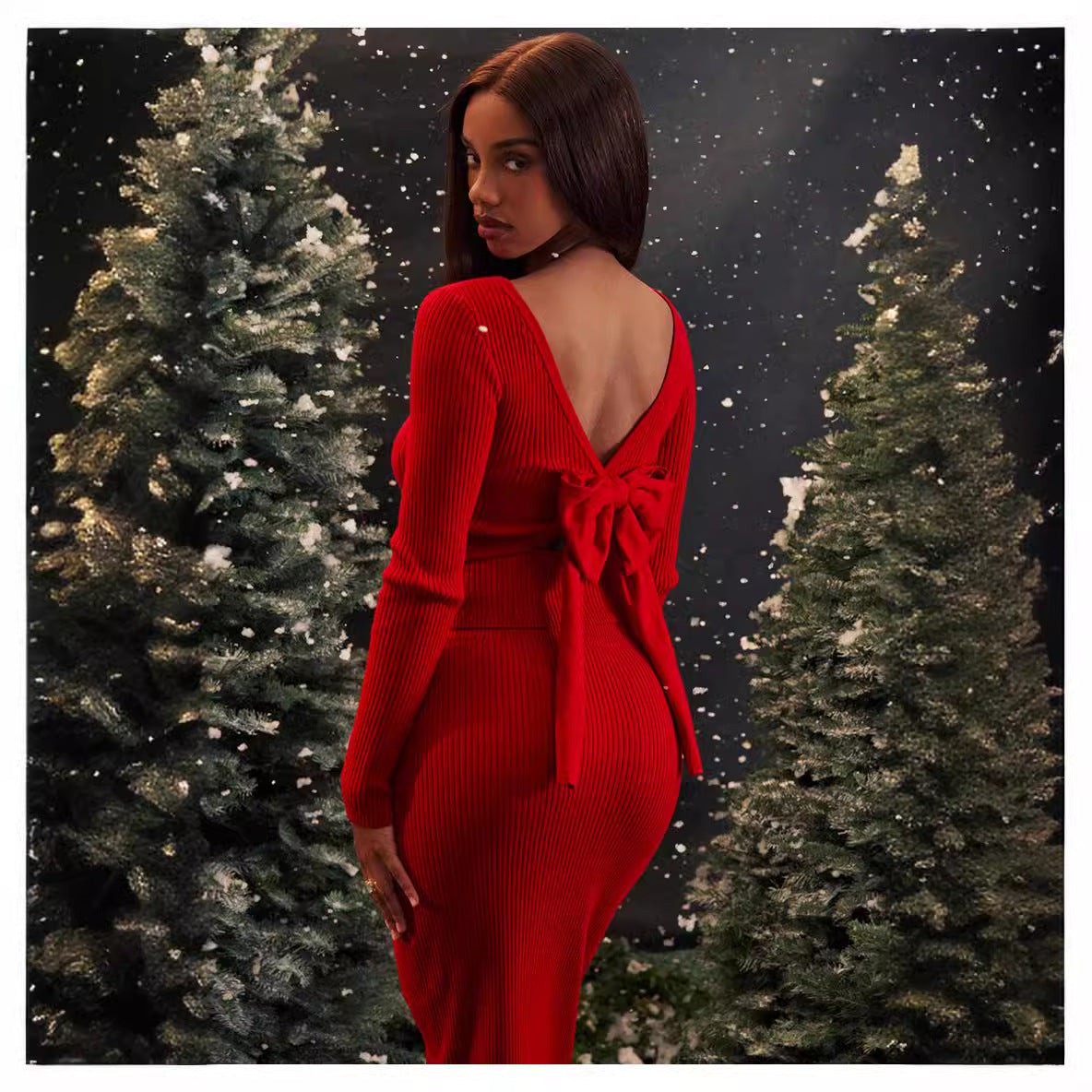 Damklänning Off-Shoulder Långärmad Bomullsblandning Färgblockering-4