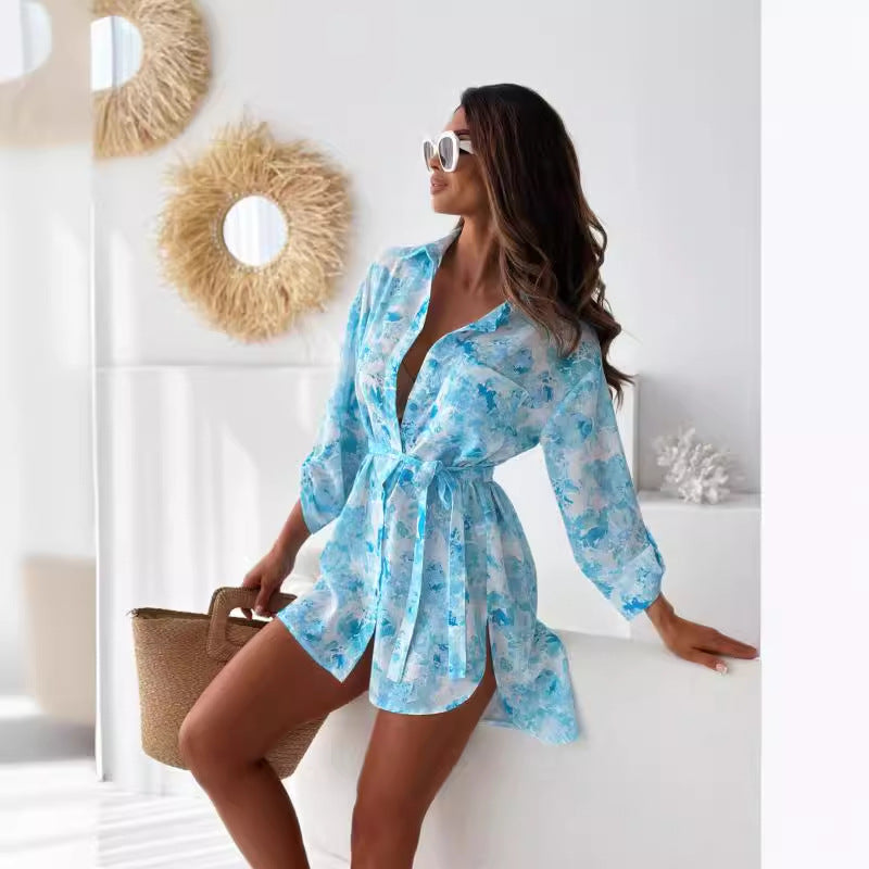 Dam Klänning Lång Skjorta Tryckt Polyester Avslappnad Passform-4