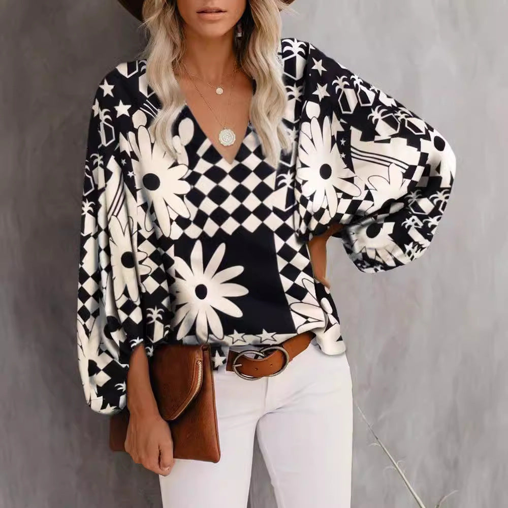 Dam Tröja V-ringad Lång Ärmar Mjuk Tyg med Tryck 3