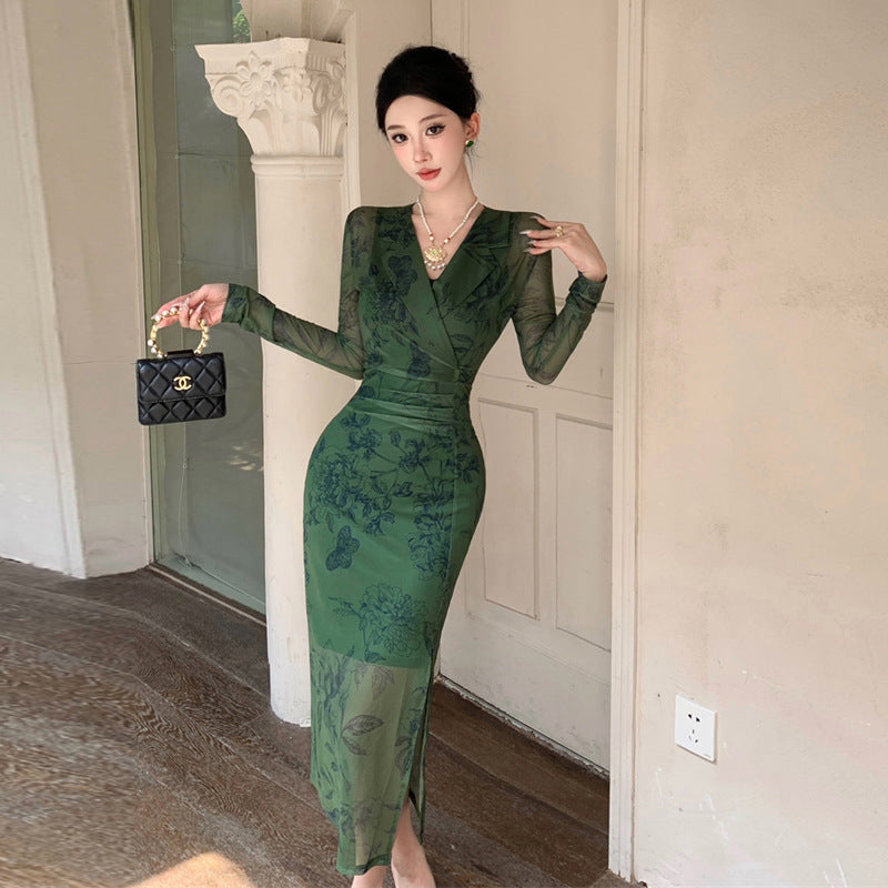 Damklänning Långärmad Delad Design Högkvalitativt Tyg-1