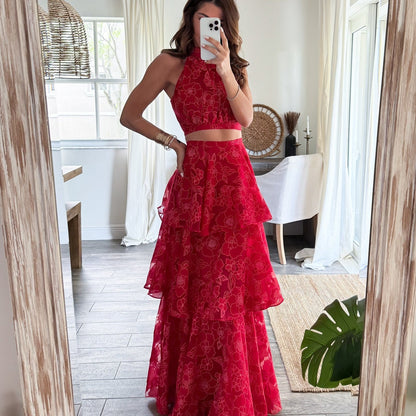 Dam Tvådelat Set Halterneck Asymmetrisk Kjol Kvalitetstyg för Sommarkläder-2