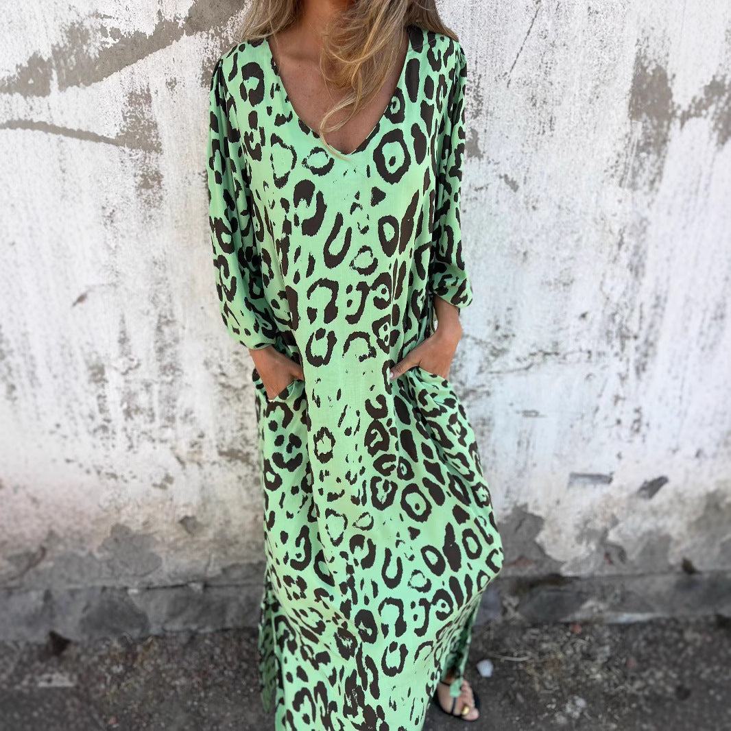 Kvinnors Utställd Klänning V-ringad Polyester Leopardmönstrad-5