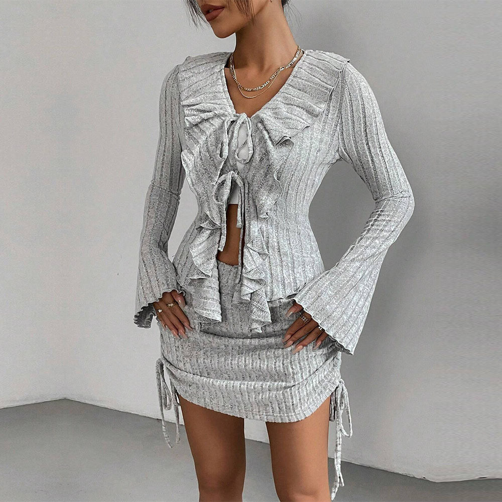 Tvådelat Set Dam Kjol Rynkad Kant Polyester Slim Fit-5