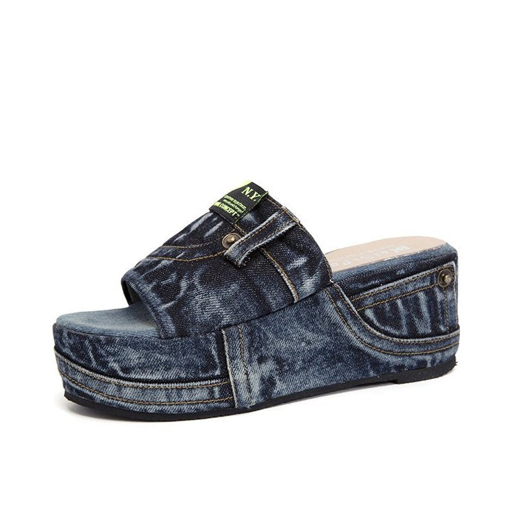 Kvinnliga Pantoletter Kilsula Denim Vadderad Fotbädd-1