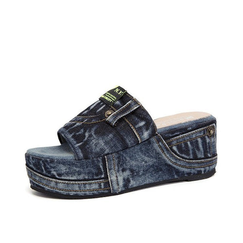 Kvinnliga Pantoletter Kilsula Denim Vadderad Fotbädd-1