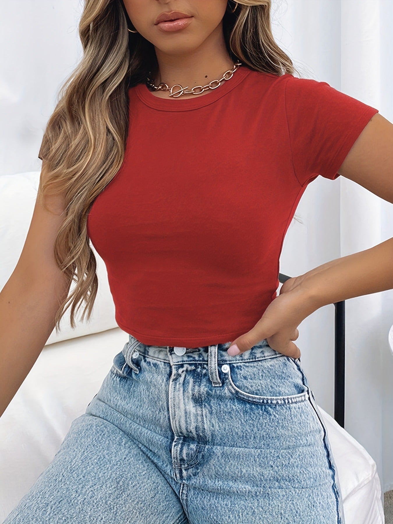 Dam T-Shirt Kort Avslappnad Viskos-6