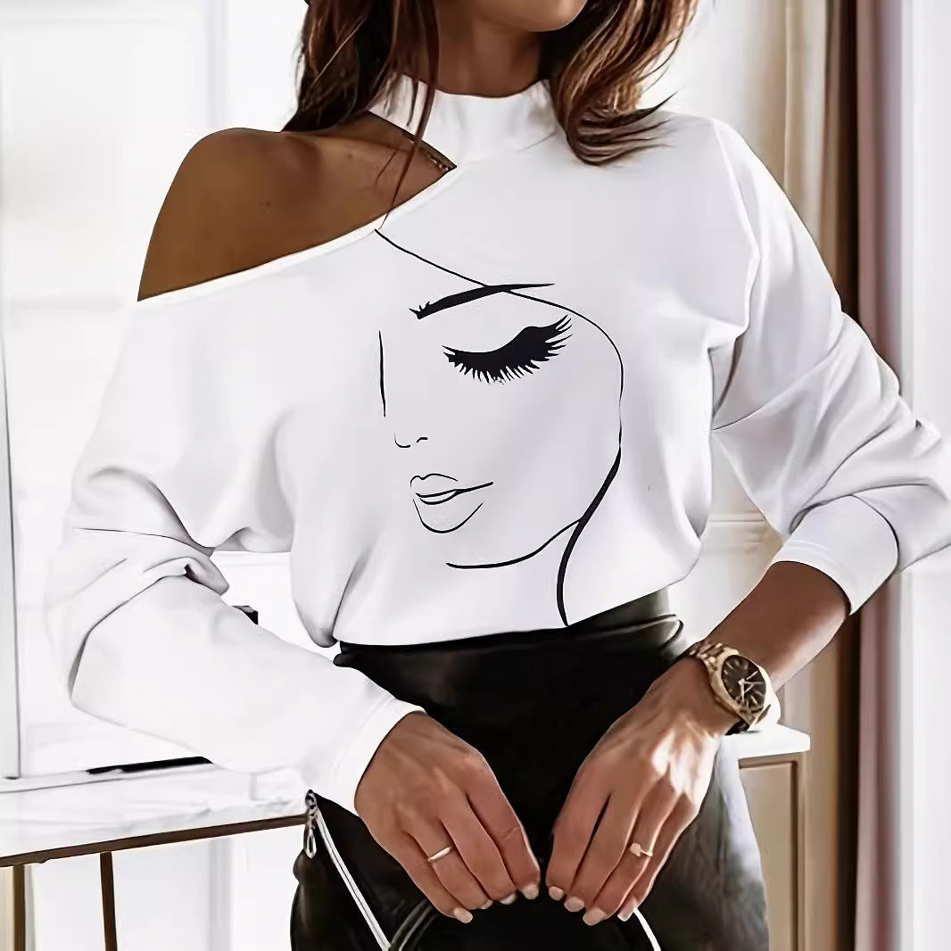 Dam Långärmad T-shirt Off-Shoulder Polyester med Unikt Tryck-2