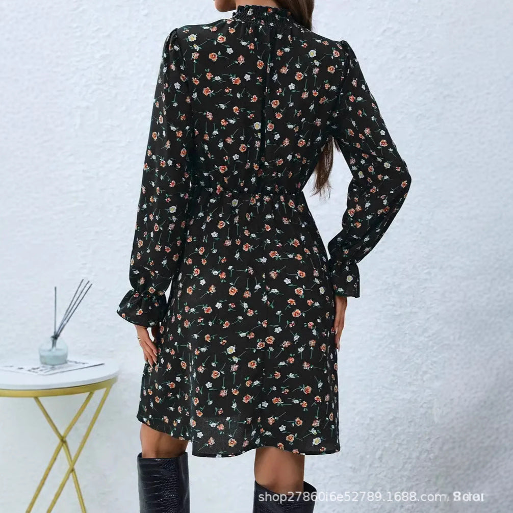 Kvinnors Midi Klänning A-linjeformad Polyester med Ståkrage-3