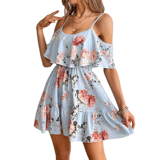 Dam Mini Klänning A-Linje Rund Hals Polyester Blommig-1