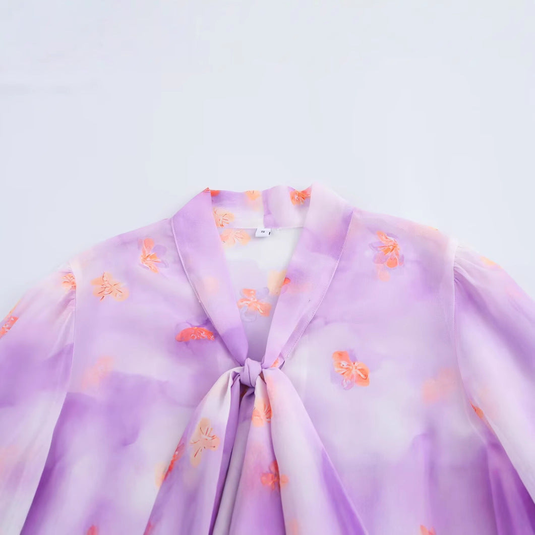 Dam Chiffon Blus Rynkade Ärmar Luftig Avslappnad Passform 2