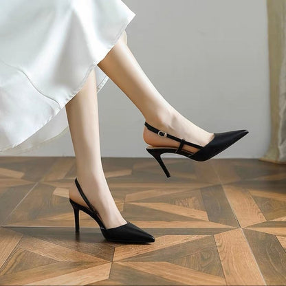 Slingback Skor för Kvinnor med Spetsig Tå i Syntetiskt Läder – Elegant Pump med Hög Häl och Elastisk Rem 4